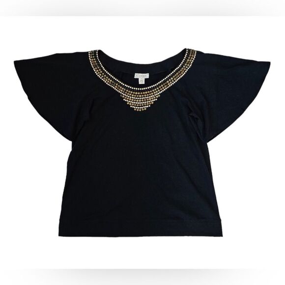St. John Black Top Cotton Blend Metallic Beaded Gold Black White Size Large top - Picture 1 of 7